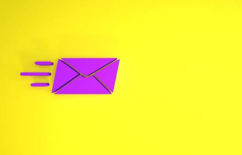 Purple Express envelope icon isolated on yellow background. Email message let Illustrazione stock