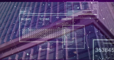 Purple facade loading holographic panels forming keyboard grid animating numeric Stock Footage 310973061