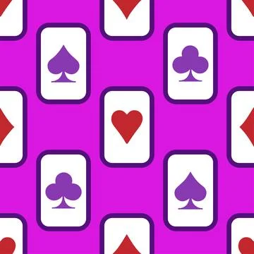 Purple falling playing cards seamless pattern. Poker and Wonderland. Stock Illustration
