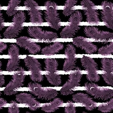 Purple Feather Pattern on Stripe Background 스톡 일러스트