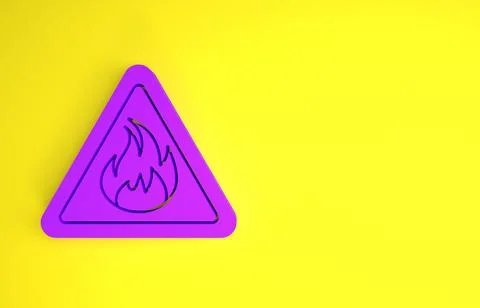 Purple Fire flame in triangle icon isolated on yellow background. Warning sig Stock Illustration