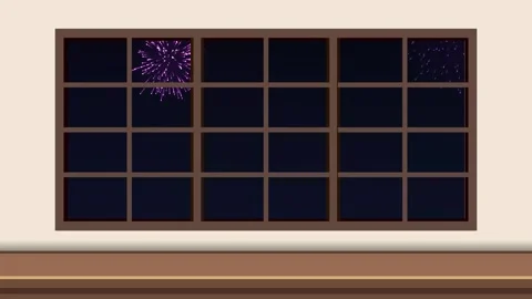 Purple Fireworks Display Animation Seen Through a Large Window Frame Stock Footage 344831669