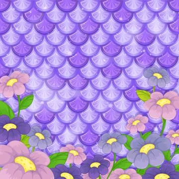 Purple fish scale pattern with many flowers Illustrazione stock