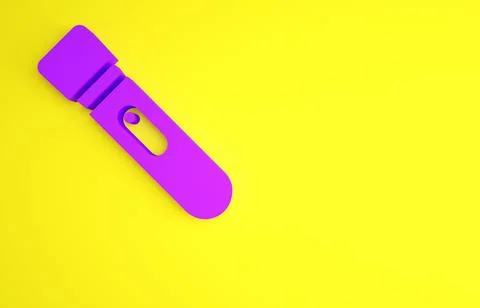 Purple Flashlight icon isolated on yellow background. Minimalism concept. 3d  Illustrazione stock