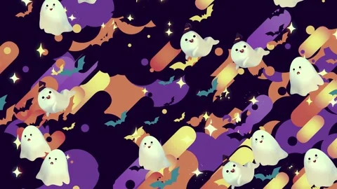 Purple flower on group of ghosts flying through bunch halloween pattern stars... 動画素材 335979123
