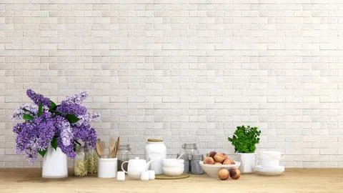Purple flower with kitchen set on brick background - 3D Rendering Stock Illustration