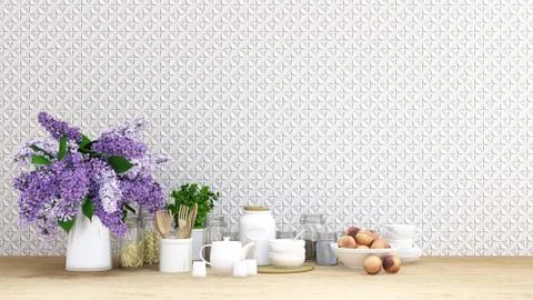 Purple flower with kitchen set on tile background - 3D Rendering Stock Illustration