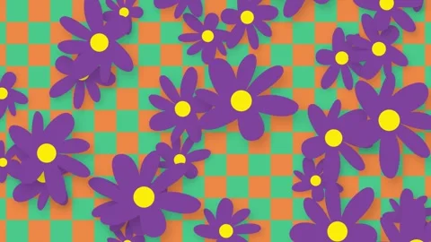 Purple Flowers Falling Over Green and Orange Checkerboard Background Stock Footage 342488047