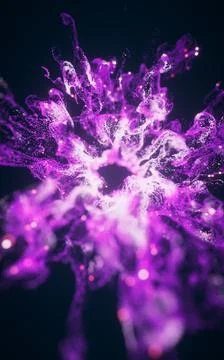 Purple flowing particles with explosive wave effect, 3d rendering. Stock Illustration