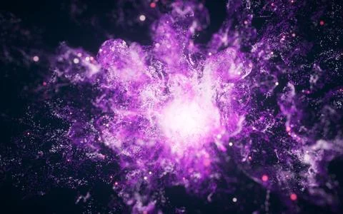 Purple flowing particles with explosive wave effect, 3d rendering. Stock Illustration