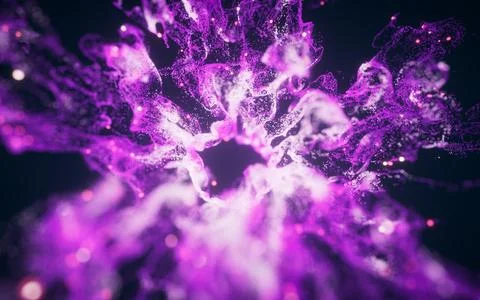 Purple flowing particles with explosive wave effect, 3d rendering. Stock Illustration