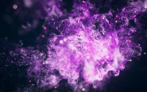 Purple flowing particles with explosive wave effect, 3d rendering. Stock Illustration