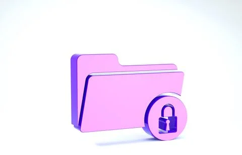 Purple Folder and lock icon isolated on white background. Closed folder and p 스톡 일러스트