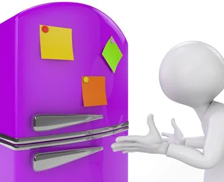 Purple fridge with colored sticky notes close-up. 3d render. Stock Illustration