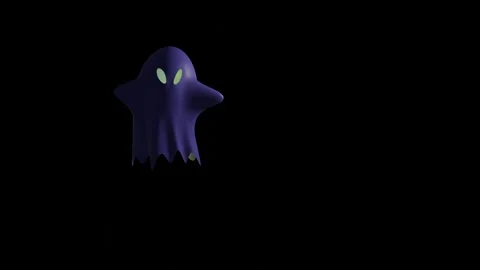 Purple ghost with glowing eyes floating on black background 스톡 동영상 344689950
