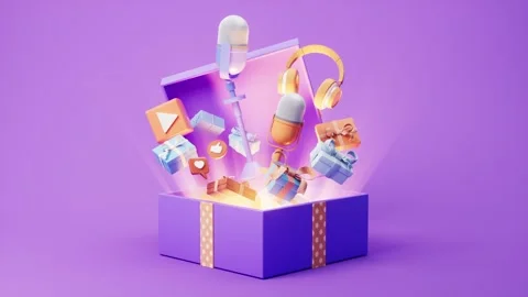 Purple gift box opening with glowing light and floating podcast gear social.. Stock Footage 332390020