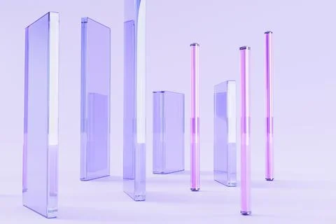 Purple glass rectangular plates and pink crystal tubes on abstract background 3d Illustrazione stock