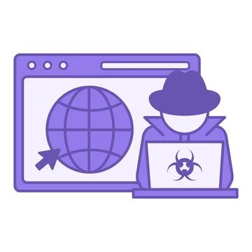 Purple Global Cyber Hacker Icon. Vector Illustration. Suspicious Man in a H.. Stock Illustration