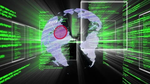 Purple globe forming as code converging into void, rotating while plane tracing Stock Footage 331757188