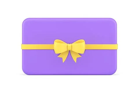 Purple glossy rectangle gift card with yellow bow ribbon realistic 3d icon ve Stock Illustration