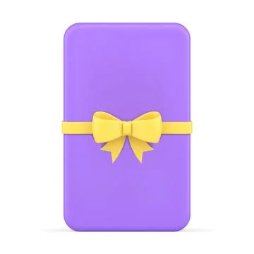Purple glossy rectangle gift card with yellow bow ribbon realistic 3d icon ve Stock Illustration