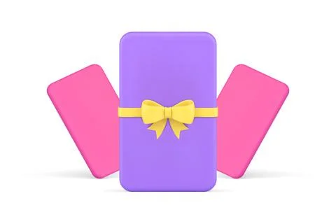 Purple glossy rectangle gift card with yellow bow ribbon realistic 3d icon .. Illustrazione stock