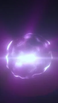 Purple glowing digital orb with bright central light, mesh particles, and f.. Illustrazione stock