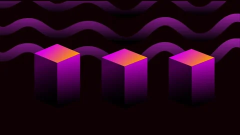 Purple glowing geometric cubes under flowing wavy neon lines abstract Stock Footage 321355097