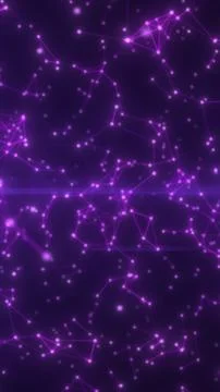 Purple glowing network of connected nodes and lines with floating particles.. 库存插图