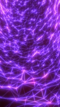 Purple glowing polygon mesh with connected lines and nodes, creating a futu.. Illustrazione stock