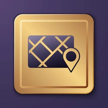 Purple Gps device with map icon isolated on purple background. Gold square .. Stock Illustration