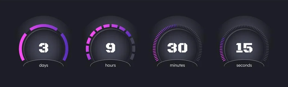 Purple gradient with radial dots countdown timer set on dark background 스톡 일러스트