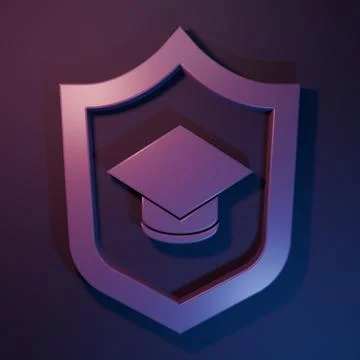 Purple Graduation cap with shield icon isolated on purple-blue background. .. Illustrazione stock