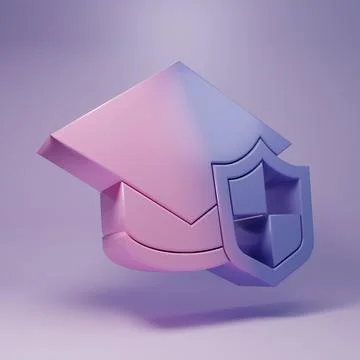 Purple Graduation cap with shield icon isolated on purple background. Insur.. Illustrazione stock