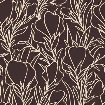 Purple graphic pattern of large beige flowers on a brown background, seamless Illustrazione stock