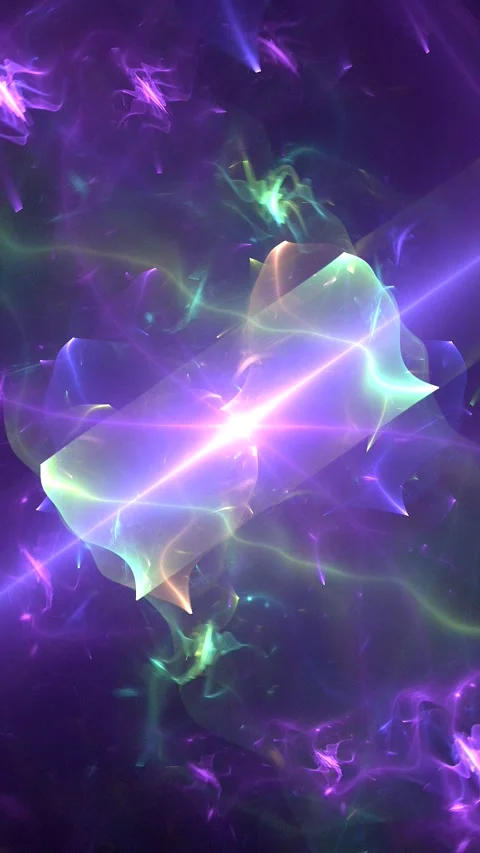 Purple green glowing swirling pattern of curved shapes and rays Stock Footage 337936138