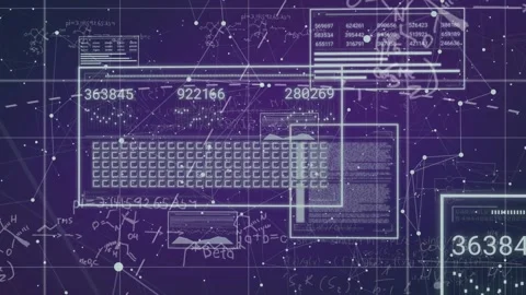 On purple grid loading, wireframe keyboard expanding, updating numeric panels Stock Footage 317799559