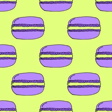Purple Hand-drawn Macarons Pattern on Green Background Stock Illustration