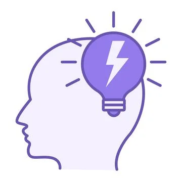 Purple Head Idea Icon. Vector Icon. Glowing Light Bulb and Human Head. Prof.. Stock Illustration