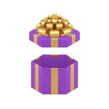Purple hexagonal open gift box luxury golden bow ribbon 3d icon realistic vec Illustrazione stock