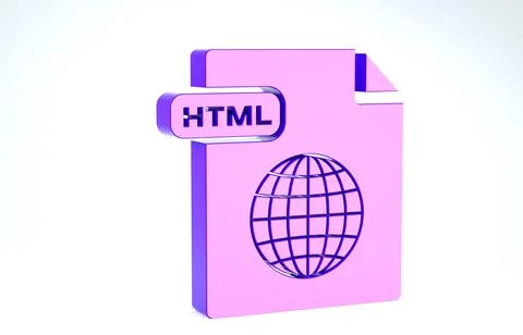Purple HTML file document. Download html button icon isolated on white backgr Stock Illustration