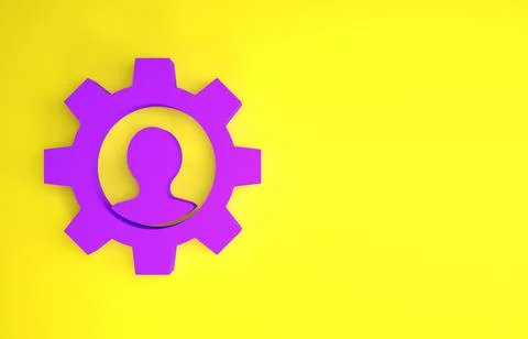 Purple Human with gear inside icon isolated on yellow background. Artificial  Illustrazione stock