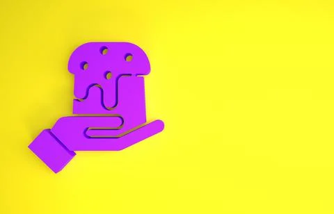 Purple Human hand and easter cake icon isolated on yellow background. Happy E Illustrazione stock