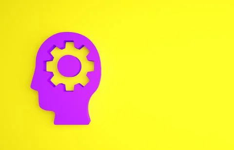 Purple Human head with gear inside icon isolated on yellow background. Artifi Illustrazione stock