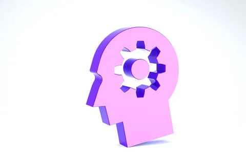 Purple Human head with gear inside icon isolated on white background. Artific Illustrazione stock