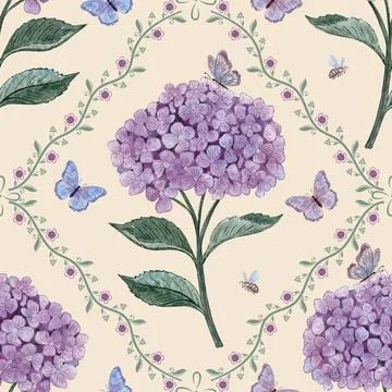 Purple Hydrangea Pattern with Floral Trellis and Butterflies. Seamless botanical Stock Illustration