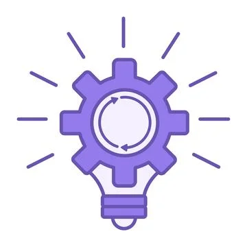 Purple Idea Generation Icon. Vector Icon. Glowing Gear-Shaped Light Bulb. F.. Stock Illustration
