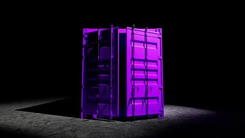 Purple intermodal container standing on dark background with open doors Illustrazione stock