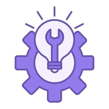 Purple Invention Icon. Vector Icon. Wrench, Glowing Light Bulb, and Gear. T.. Stock Illustration