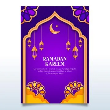 Purple Islamic Flyer Background Design with Gold Accents and Simple Ornaments Stock Illustration